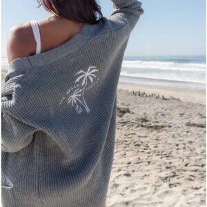THE BEACH PEOPLE Embroidered Twin Palms Cardigan Shaker Sweater 2XL